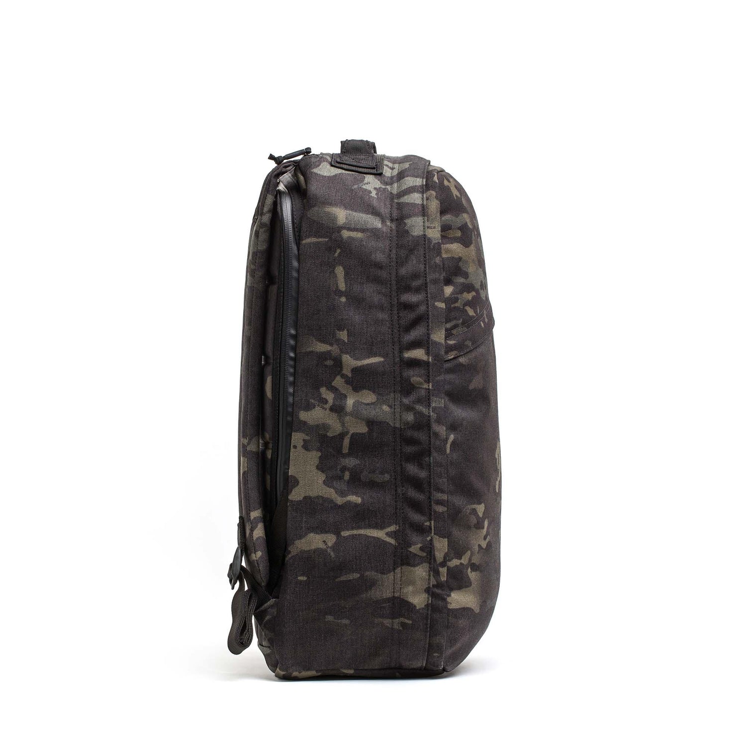 GORUCK Black Multicam rucksack side view, durable tactical backpack on white background