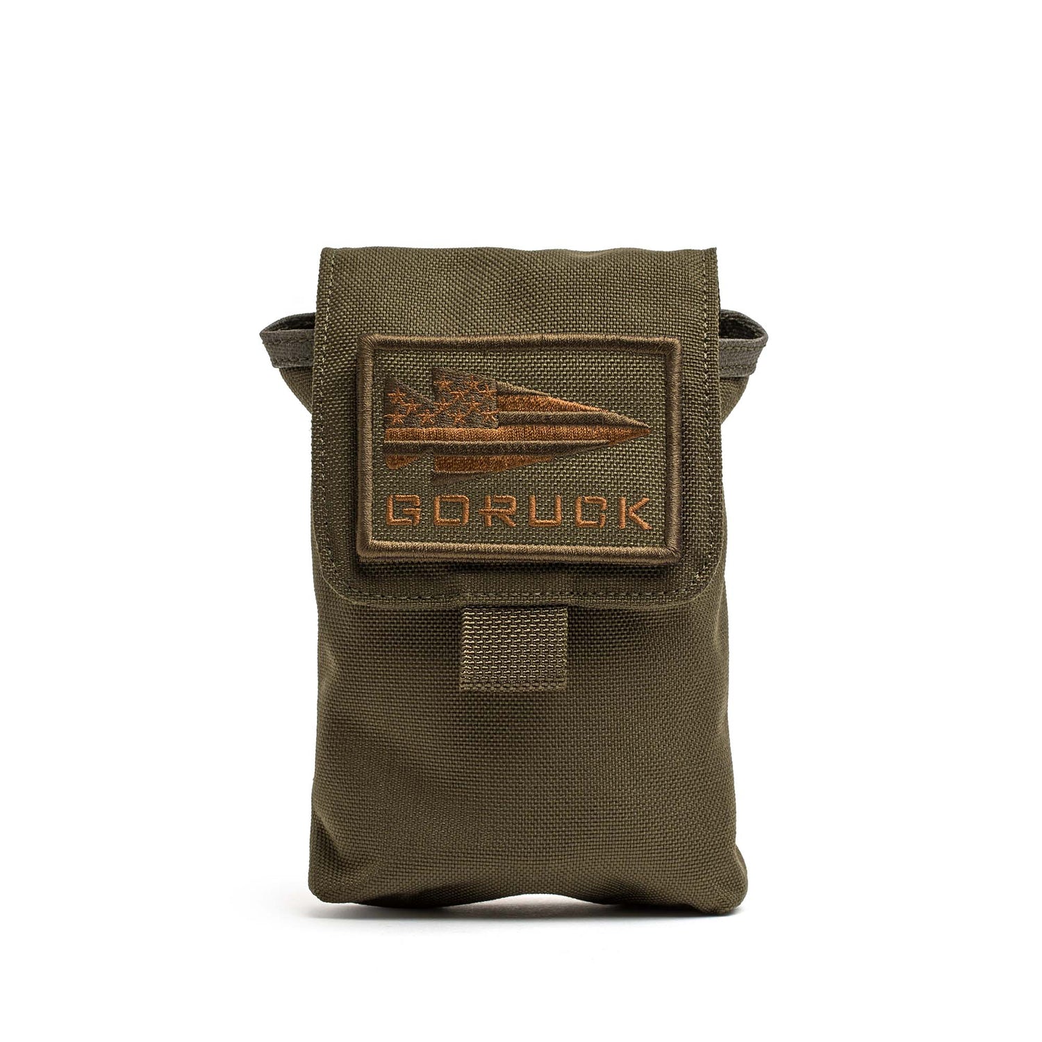 The Simple Side Pocket is a compact, olive green tactical pouch featuring patch-friendly VELCRO, a GORUCK patch on the flap closure, and designed to keep gear organized and upright in your ruck.
