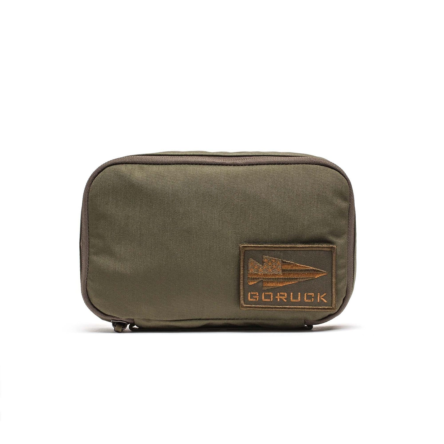 The Shadow Pockets are olive green rectangular Cordura pouches featuring a brown GORUCK logo patch on the front—perfect as compact gear organizers for efficient rucksack organization.