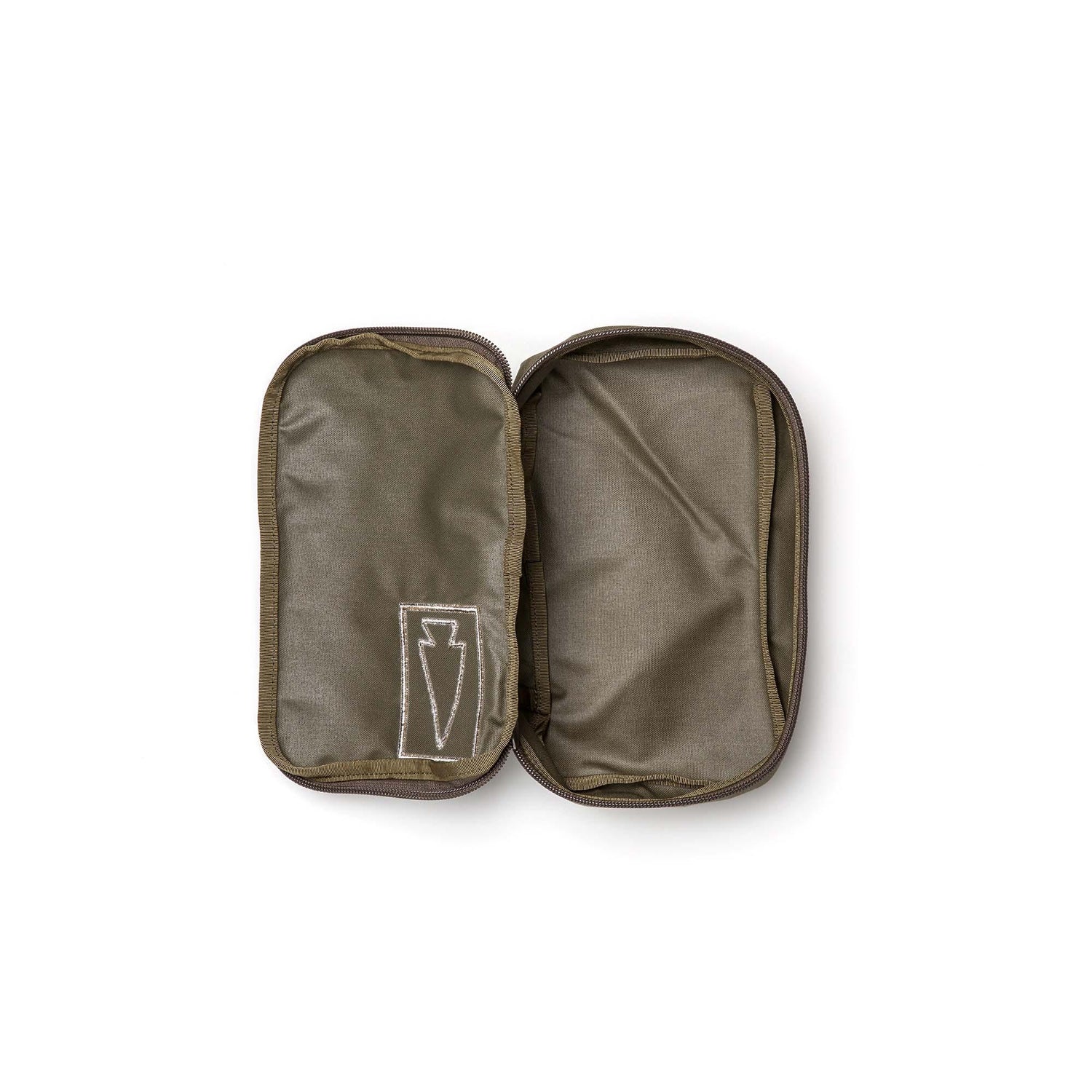 The Shadow Pockets is an open olive green Cordura pouch with a stitched white logo on the left, featuring two empty compartments—ideal for organizing your rucksack.