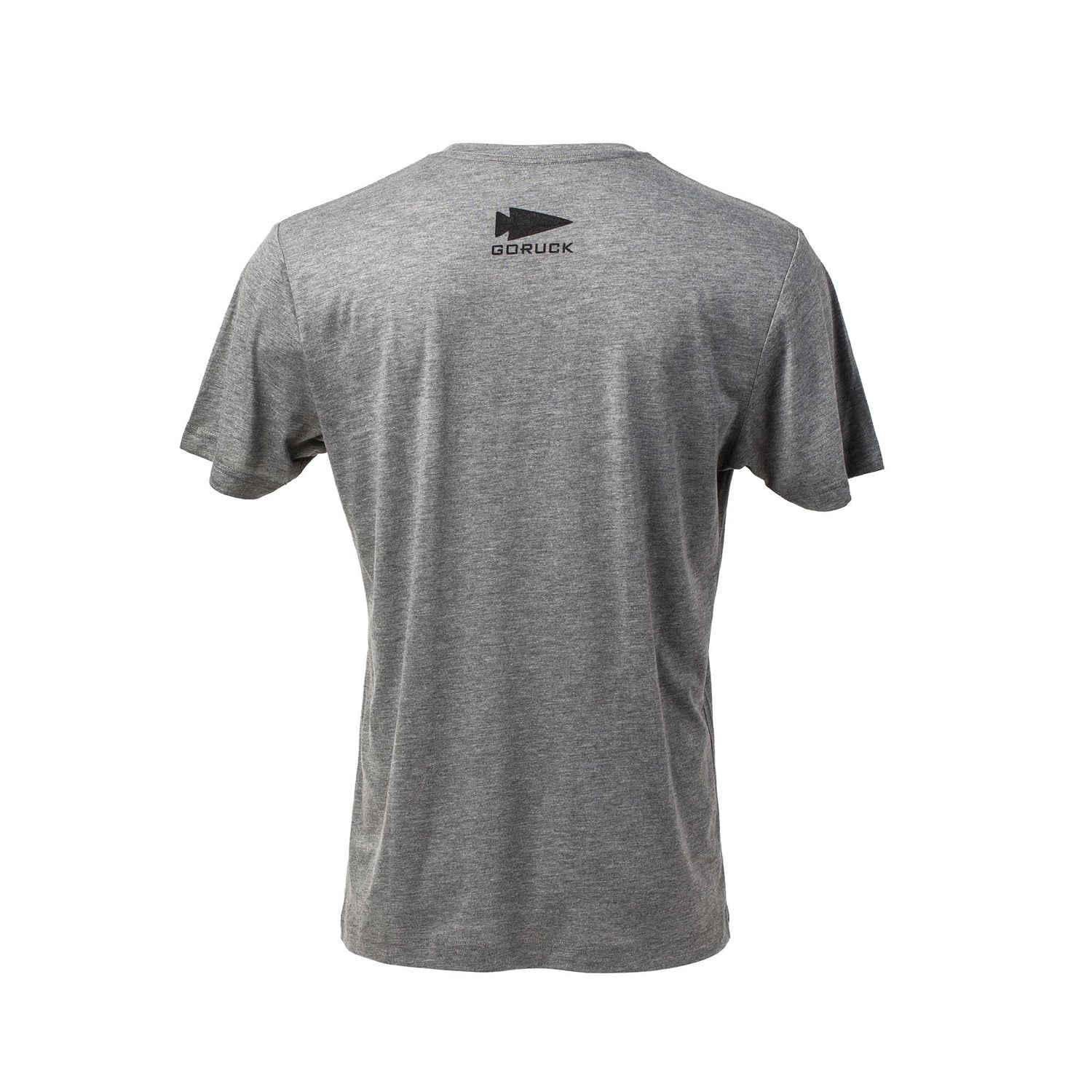 The DFQ Tee - Tri-Blend is a gray short-sleeve premium T-shirt shown from the back, featuring a small black GORUCK logo near the neckline.