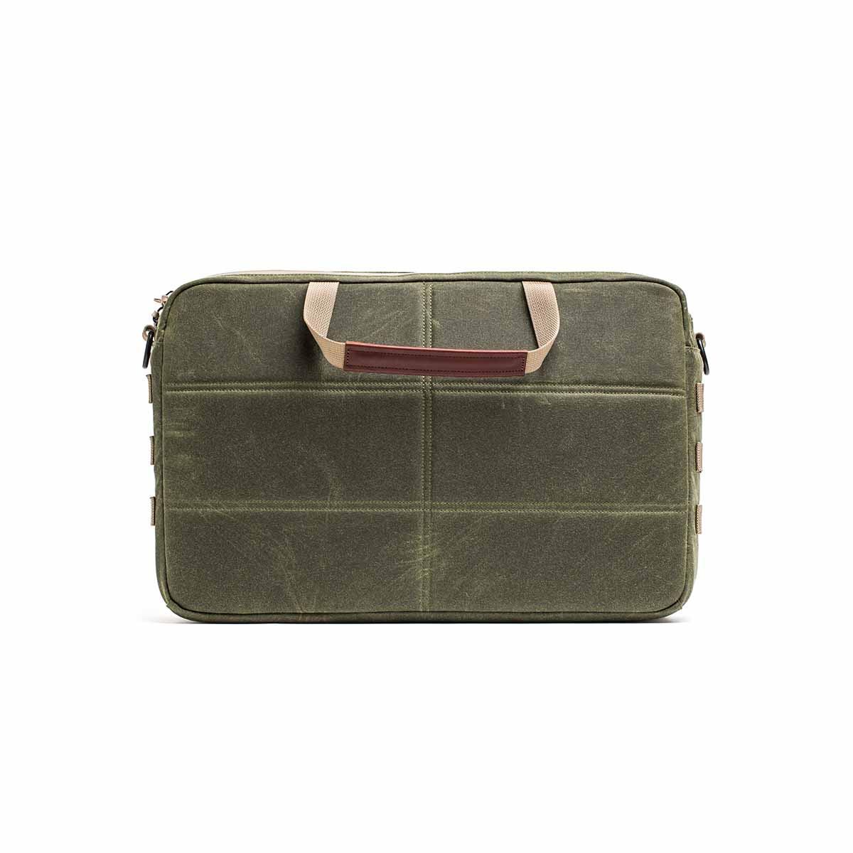 GORUCK durable 15L olive waxed canvas shoulder bag with tan handles and leather accent