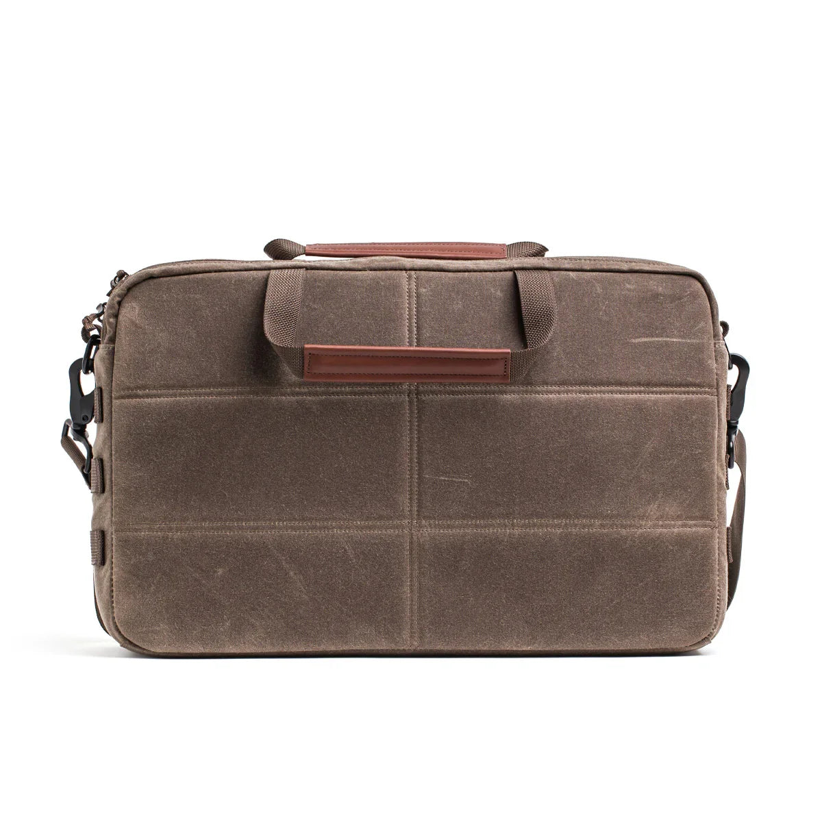 GORUCK dark oak waxed canvas shoulder bag with padded handles and durable stitching, front view