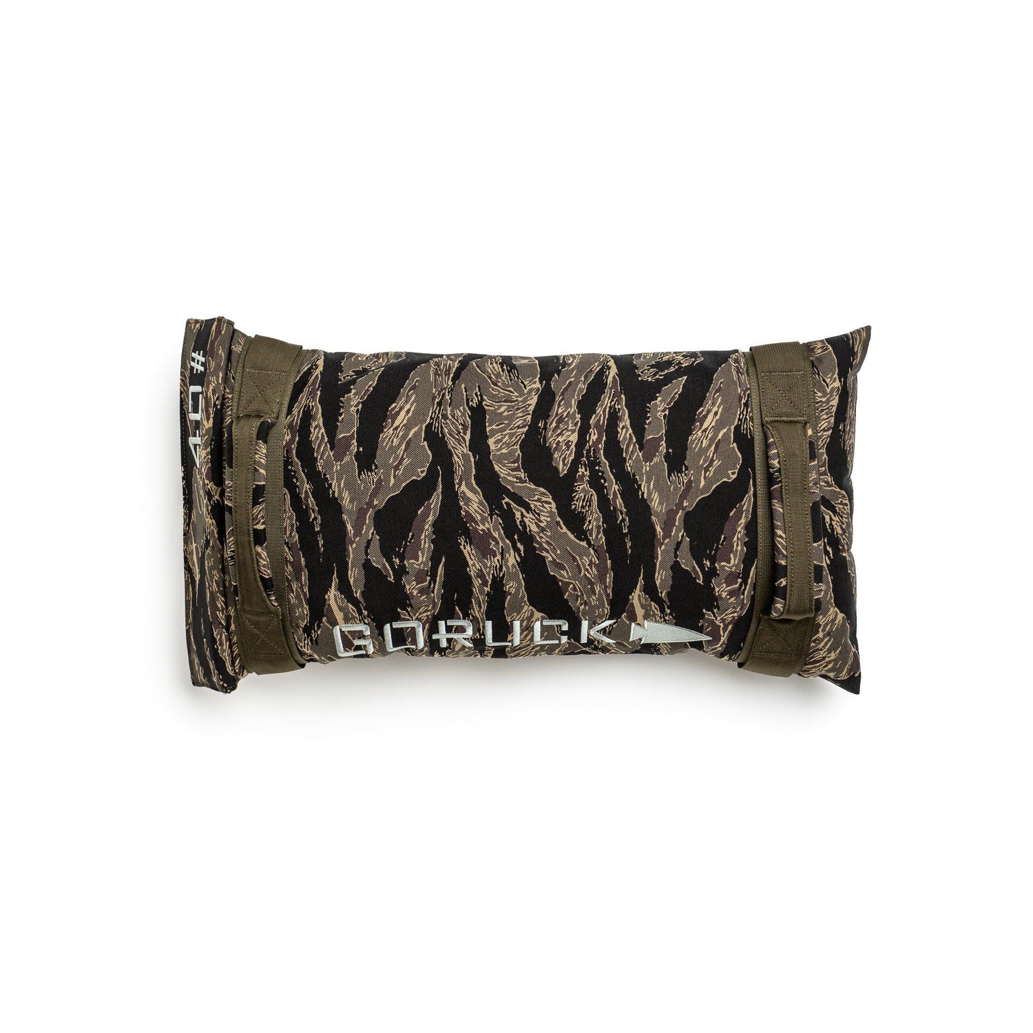 GORUCK 40LB Simple Training Sandbag with tiger stripe camouflage and sturdy handles on white background