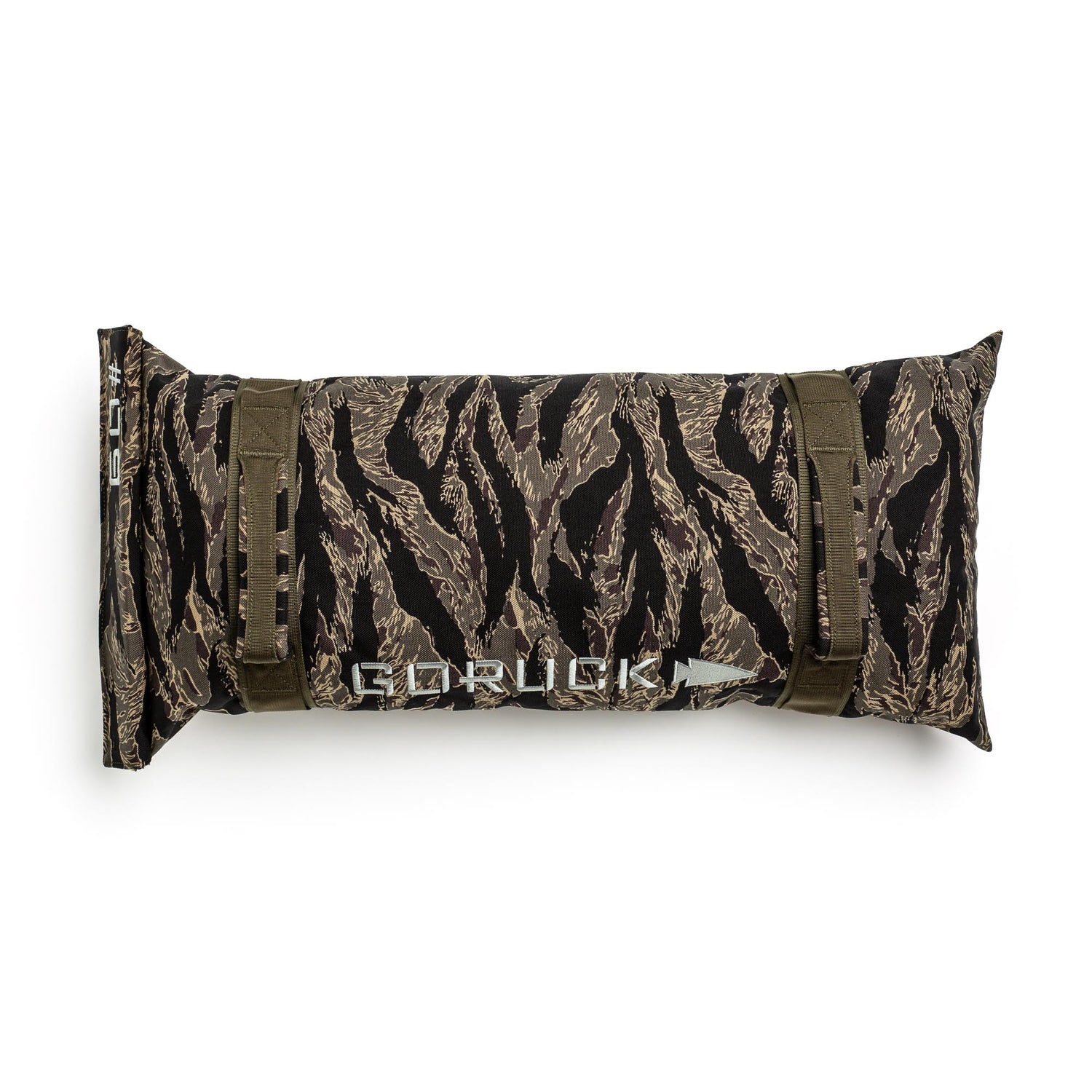 The Simple Training Sandbags feature a camouflage design, two olive green straps, and the GORUCK logo on the front—ideal for effective sandbag training in your home gym.