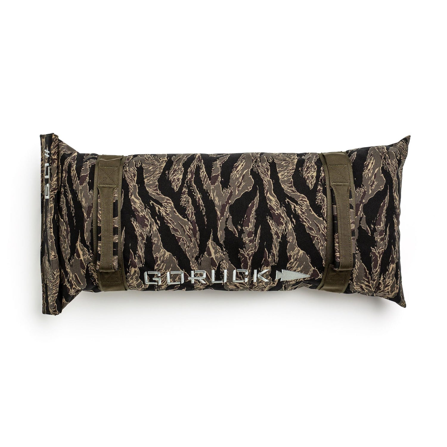 GORUCK 60LB simple training sandbag in tiger stripe camo with reinforced handles on white background