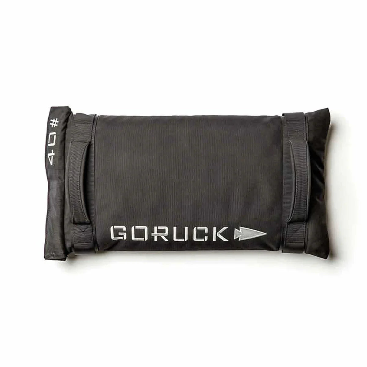 Black 40LB GORUCK training sandbag with dual handles on white background