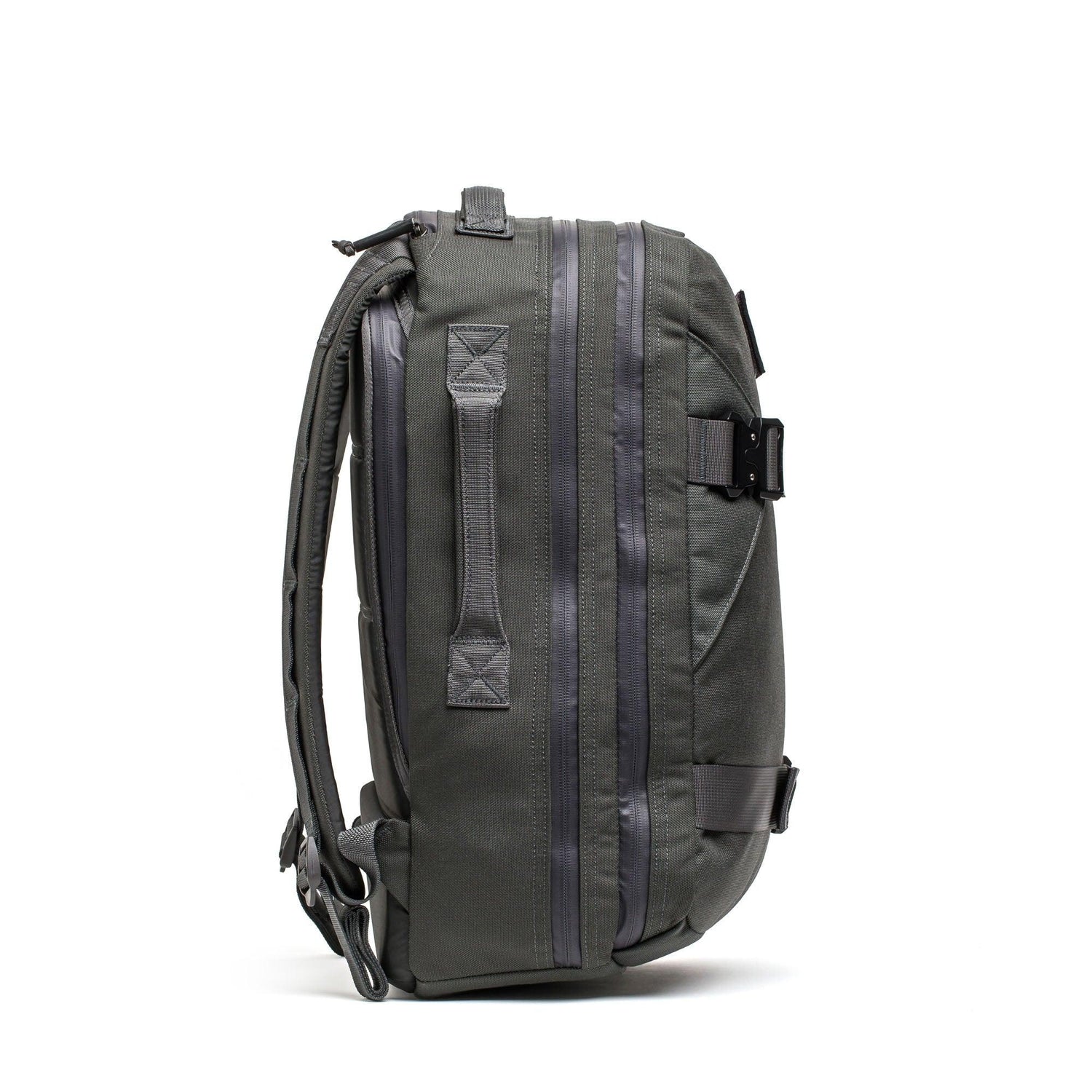 GORUCK grey tactical rucksack side view with reinforced handles and zipper pockets