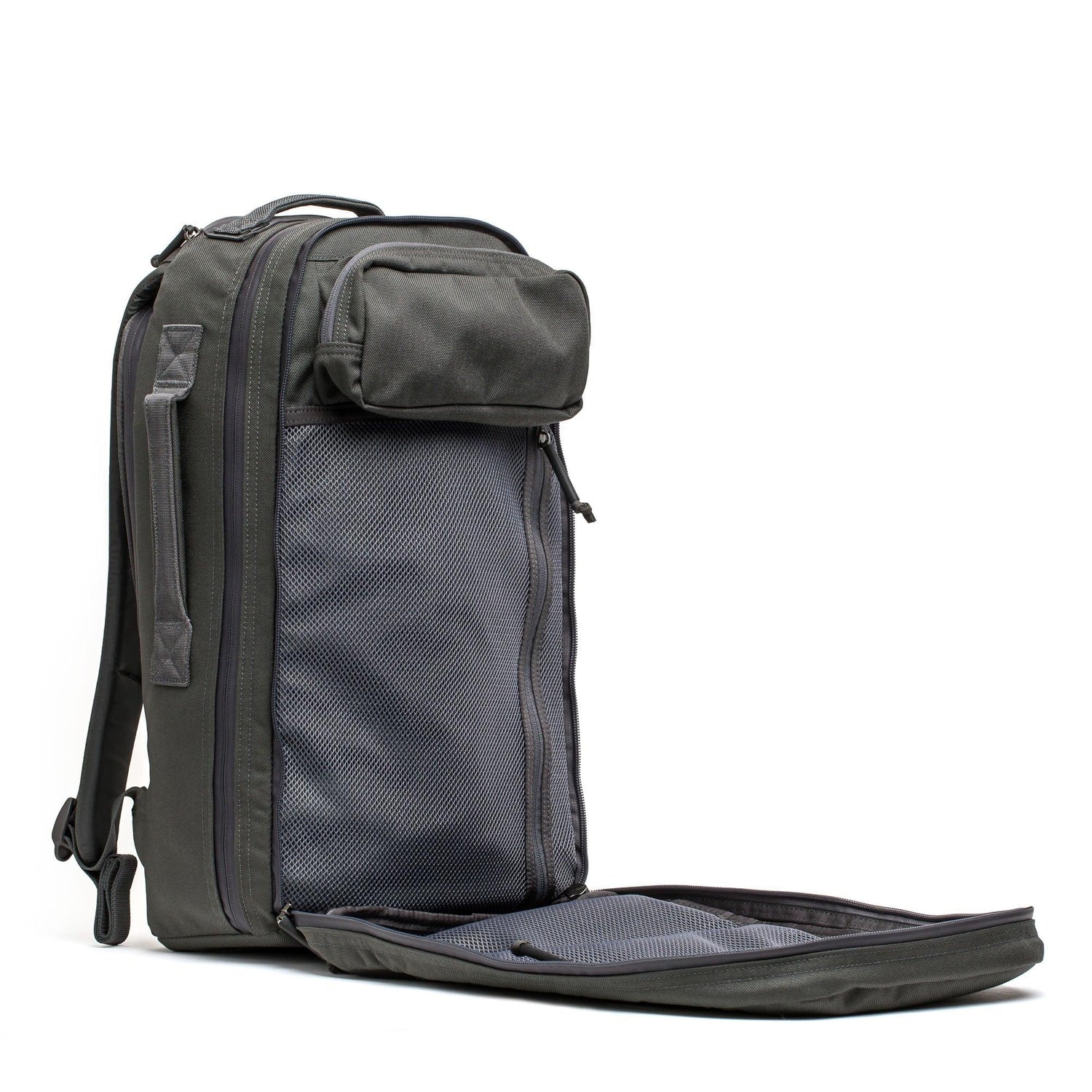 GORUCK grey rucking backpack open, showing mesh compartments and durable design