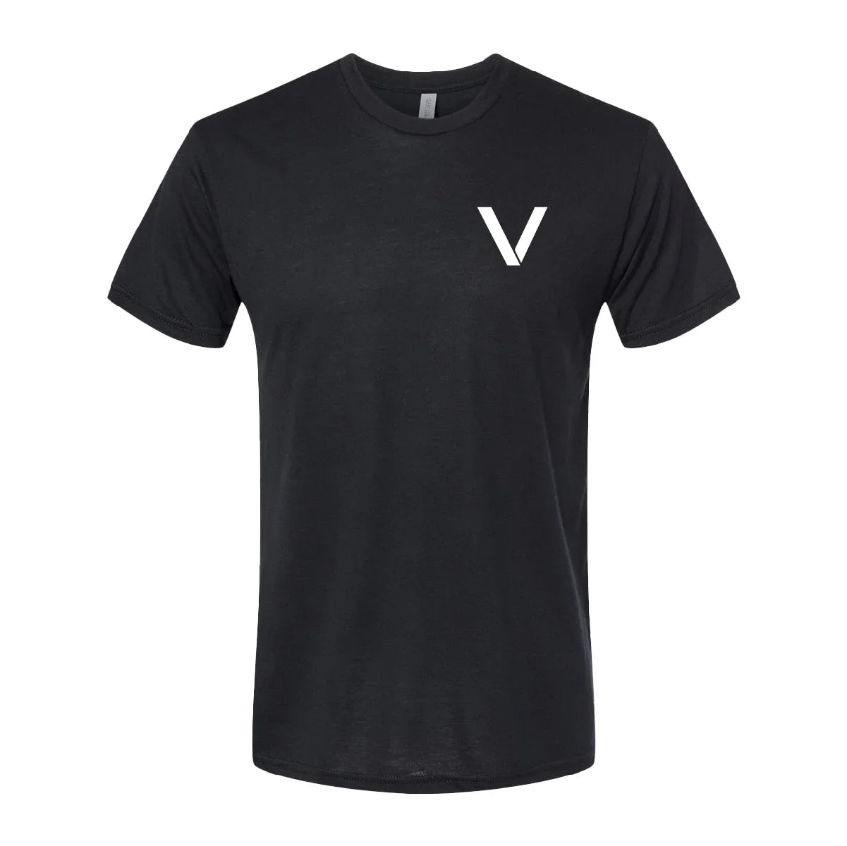 Black crewneck t-shirt with a white V-shaped logo on the left chest, minimalist design