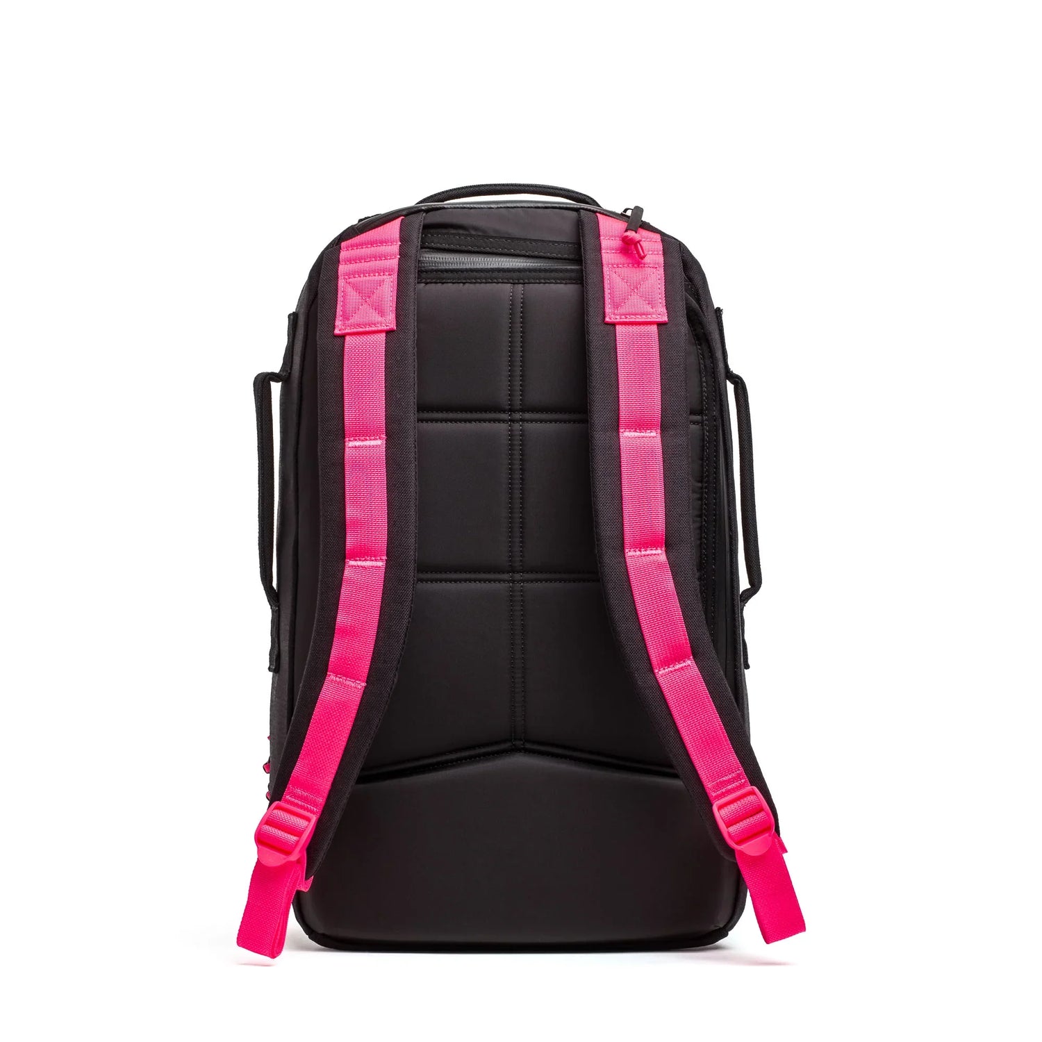GORUCK black rucking backpack with hot pink padded straps, back panel view