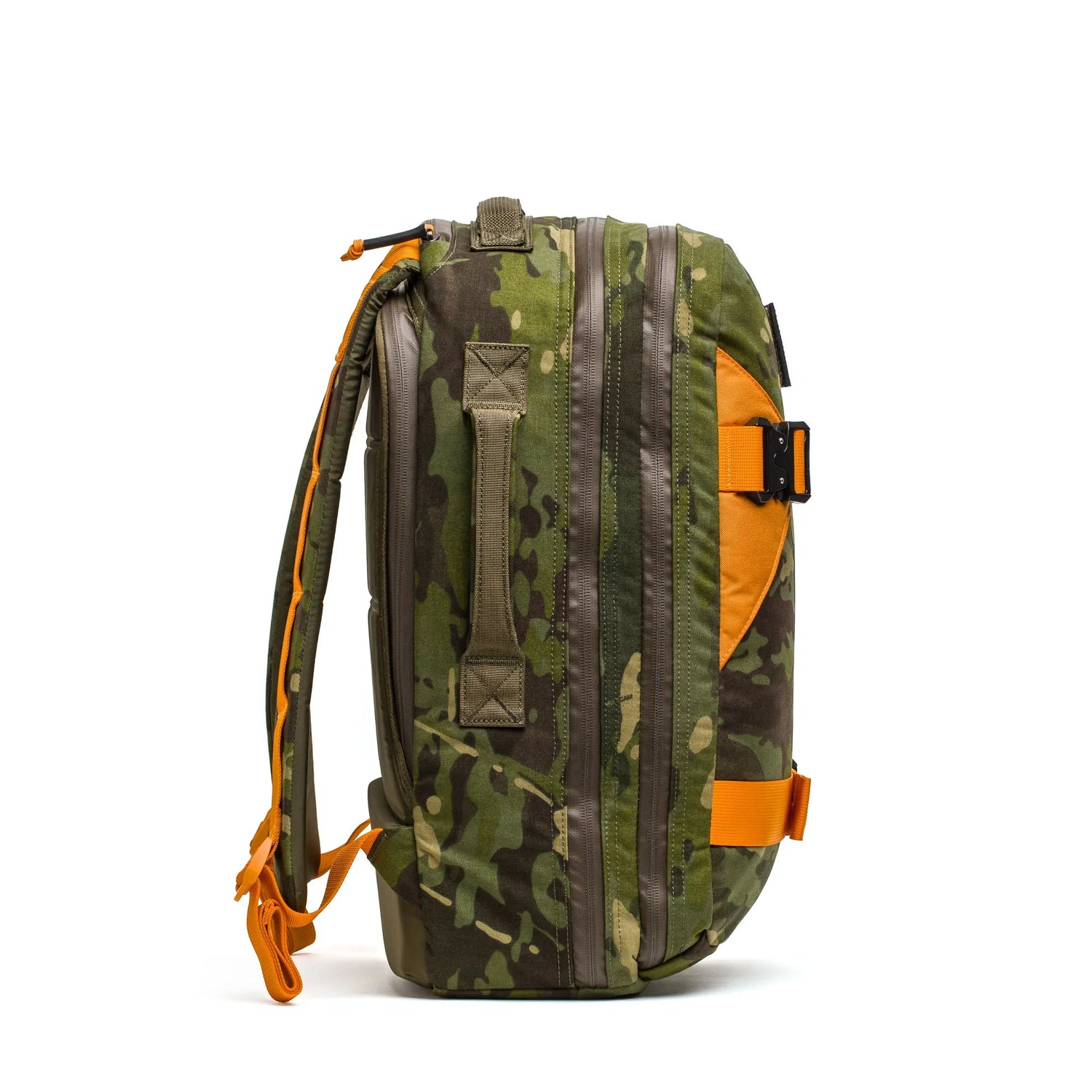 GORUCK Skate Ruck Tropic Multicam backpack with orange straps, side view