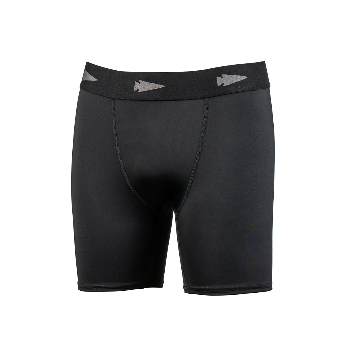 Performance Brief: Black compression shorts featuring an arrow-patterned waistband, made from breathable fabric for comfort. Displayed on a white background.
