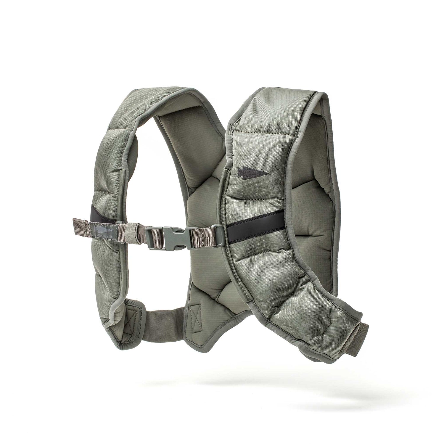 The Spy Ruck | Women's Weighted Vest is a gray, padded vest-style harness with adjustable straps and a plastic buckle, inspired by GORUCK's design—ideal for women seeking a stylish weighted vest, shown on a white background.