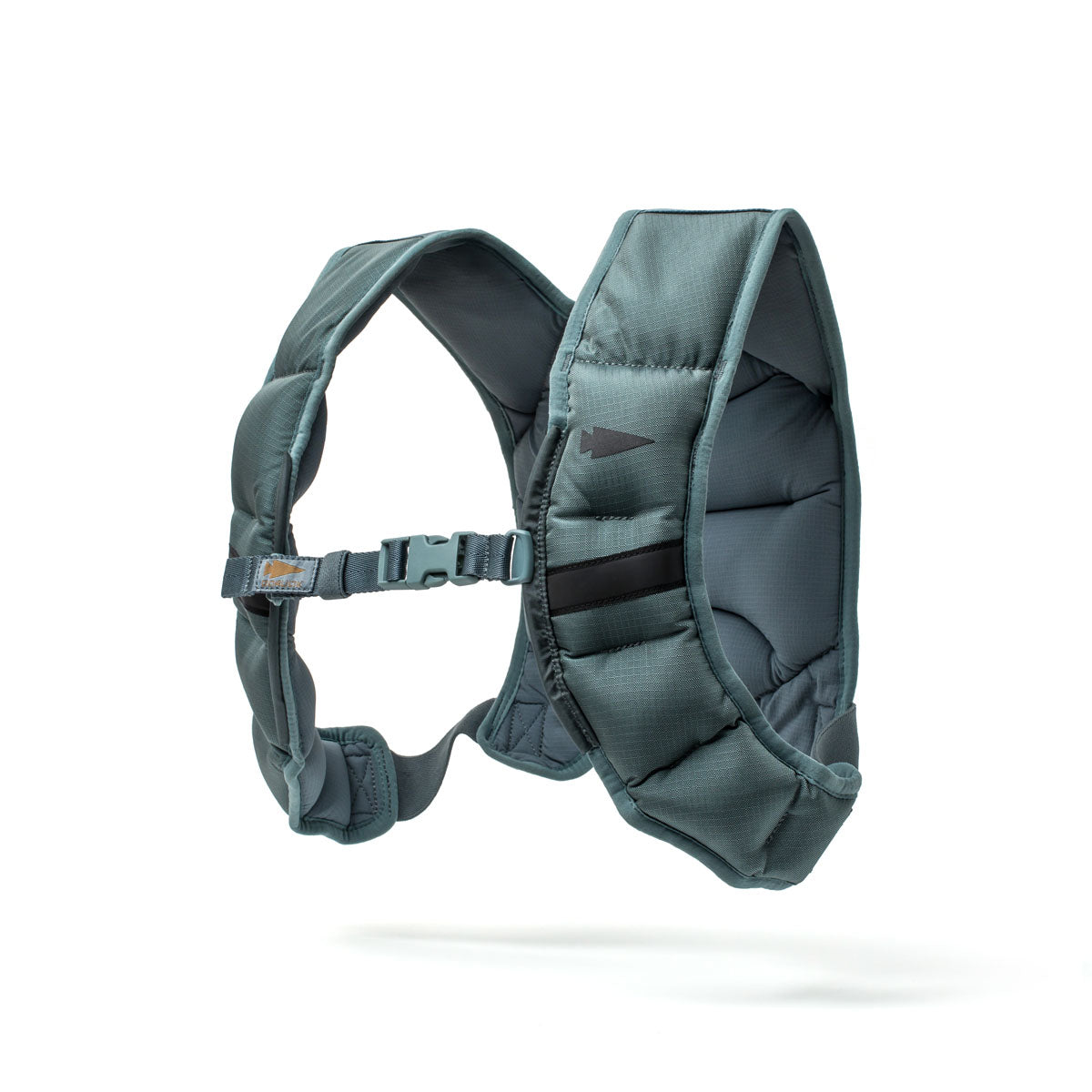 The Spy Ruck is a padded, teal running vest with an adjustable chest buckle and black accents, designed for women's fitness, shown against a white background.