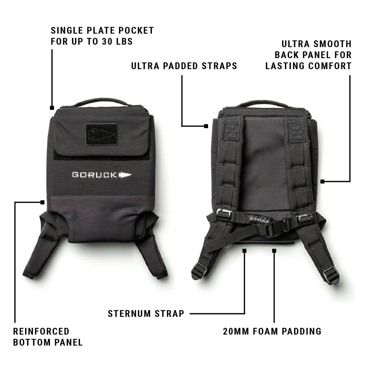 Front and back views of two black Ruck Plate Carrier 3.0s, featuring padded straps, reinforced panels, and enhanced lumbar support for comfortable weighted rucksack training sessions.
