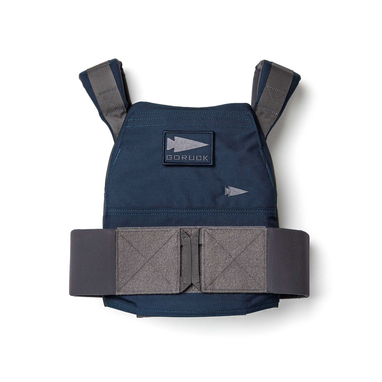 The Rucking Weight Vest in navy blue and gray features adjustable straps for training, displayed on a white background.