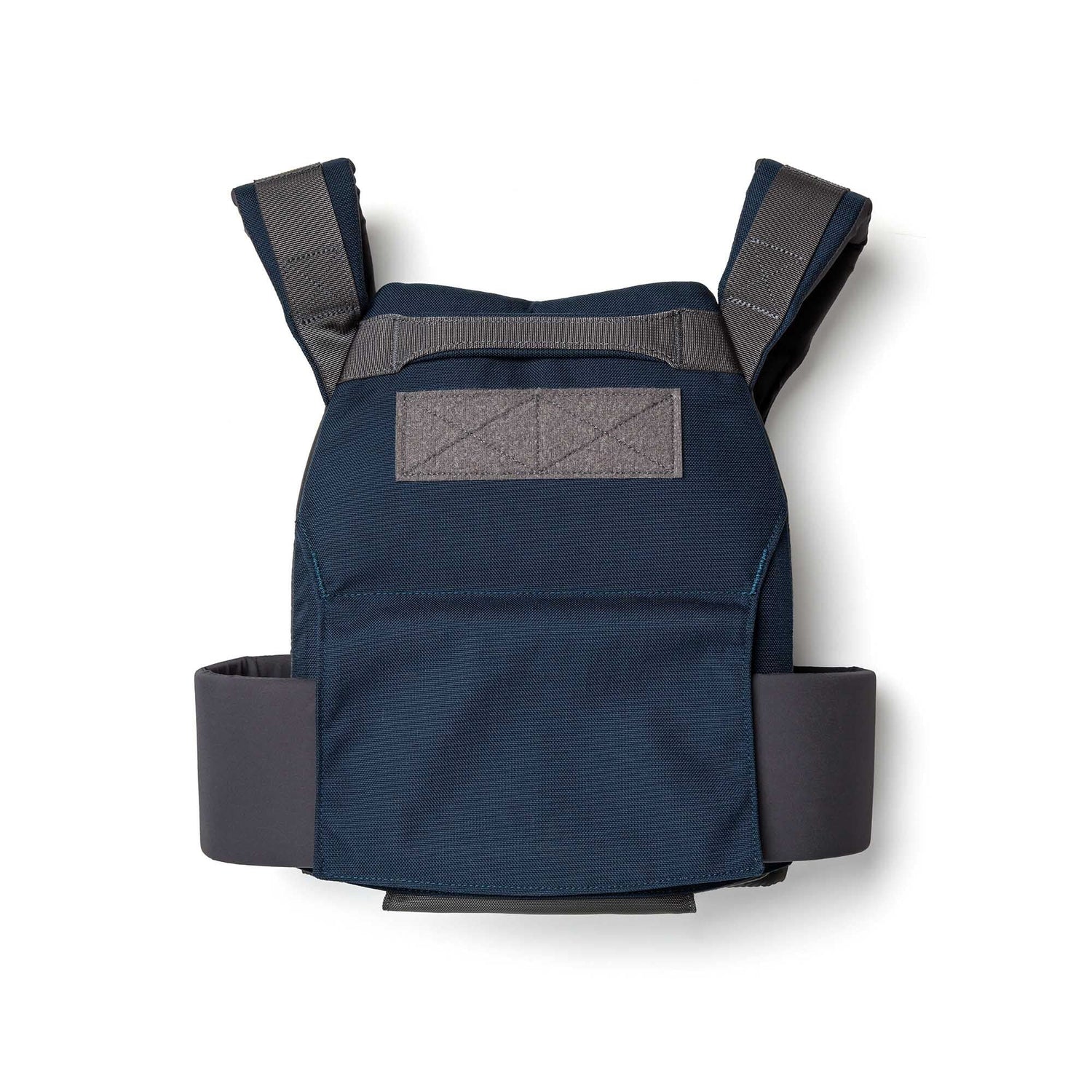 The Rucking Weight Vest in navy blue and gray features padded straps and a waist belt, designed for training with curved ruck plates. Shown on a white background.