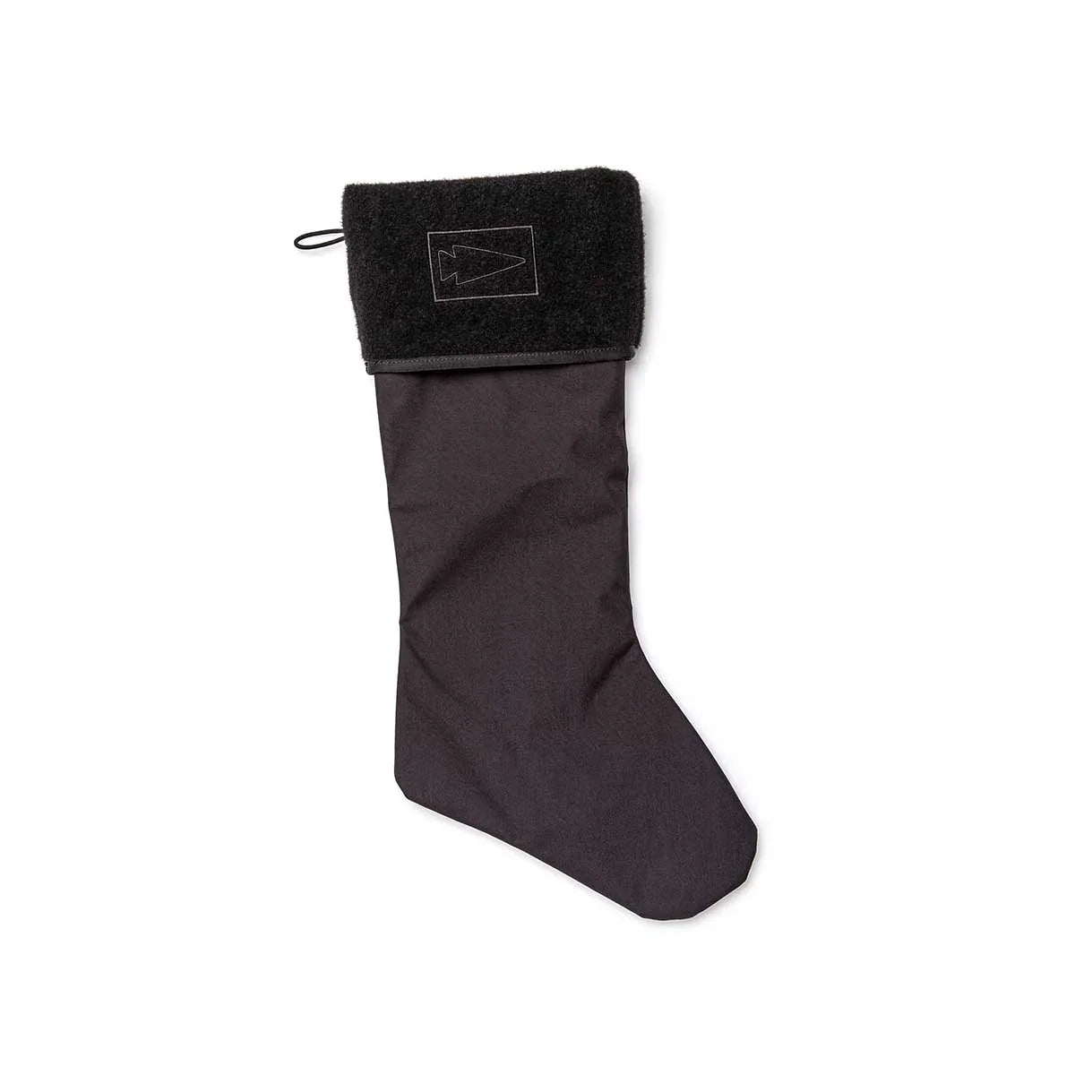 Black GORUCK stocking with fleece cuff and stitched logo on white background