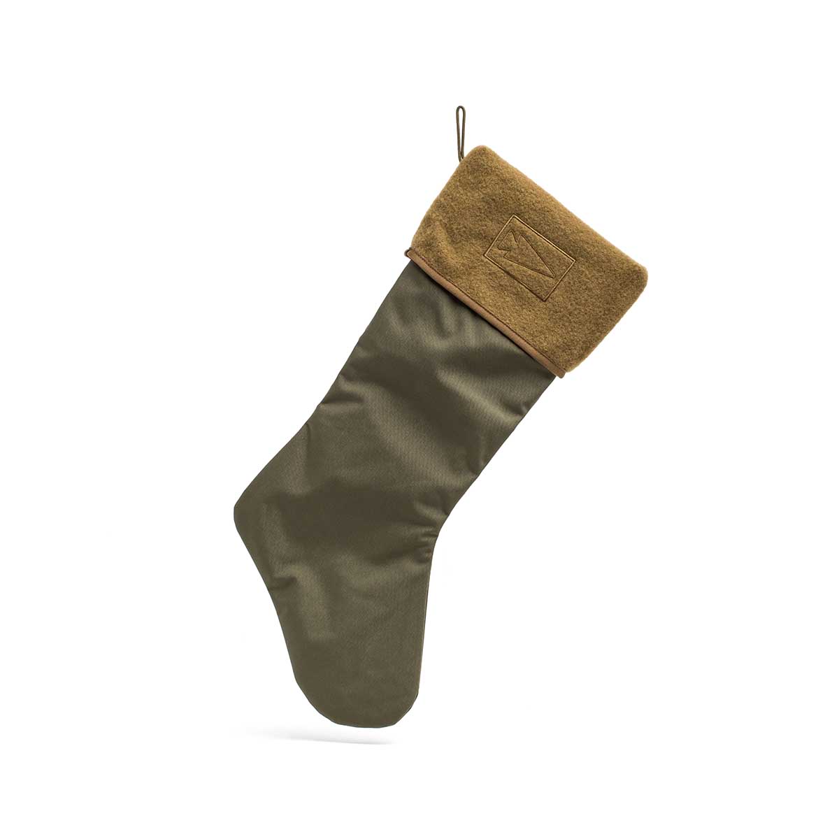 The Tough Stocking, in olive green 500D Cordura with a brown fleece cuff, features secure Velcro attachments and a hanging loop. Displayed on a white background.