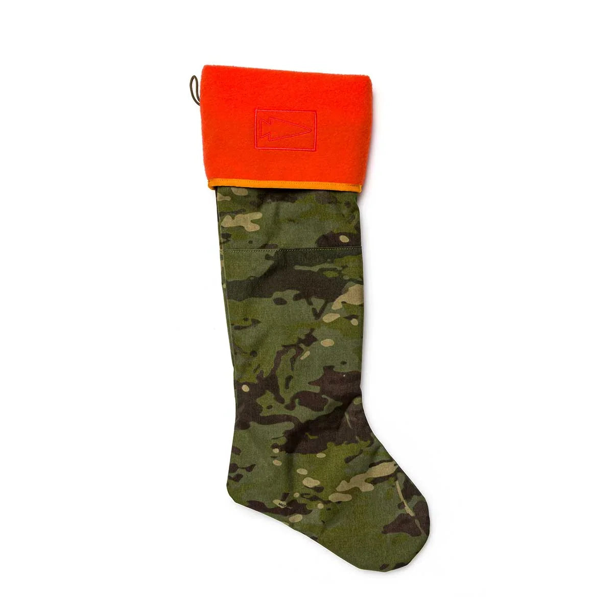GORUCK stocking with Multicam camouflage body and bright orange fleece cuff featuring a tree logo