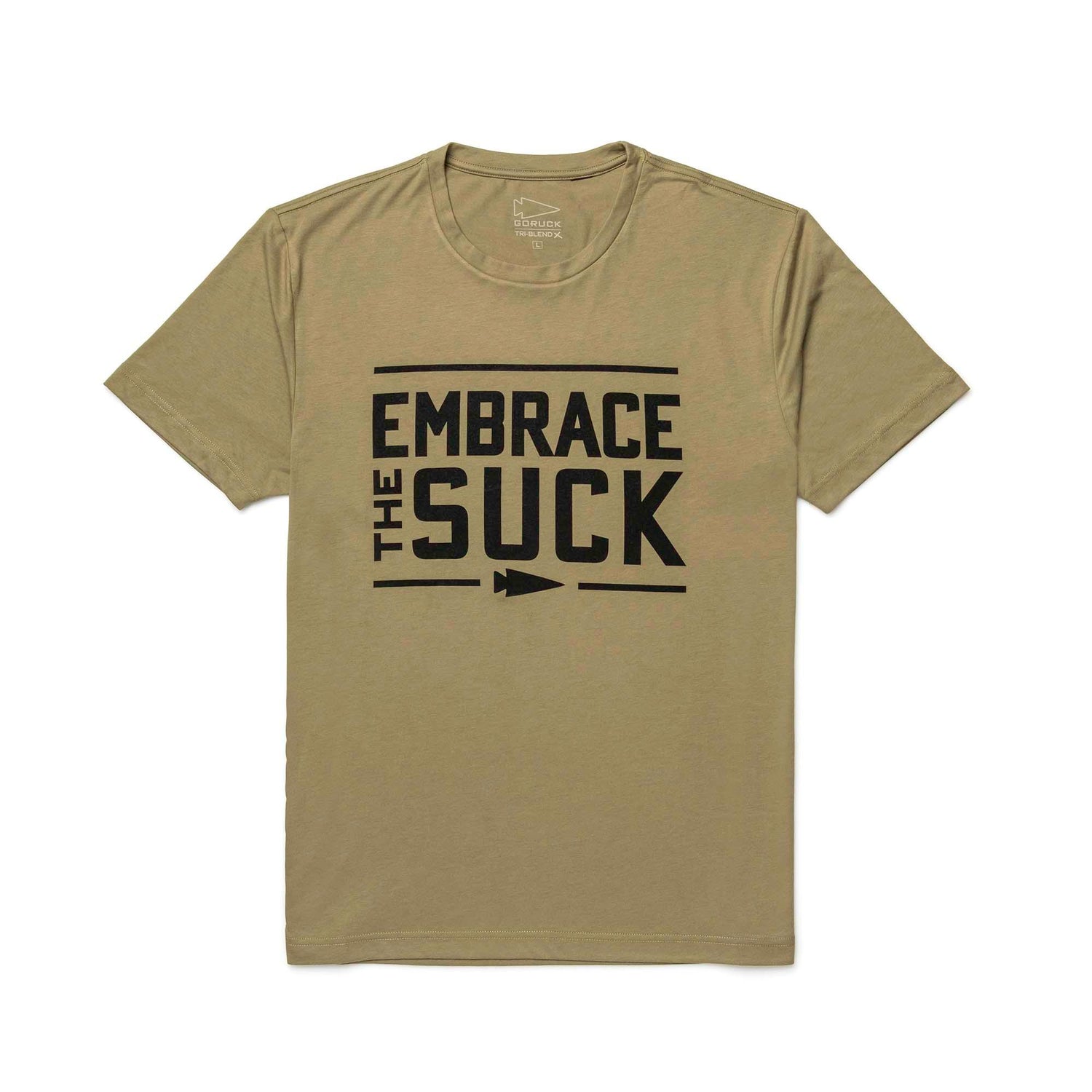 Tan GORUCK t-shirt size large with black Embrace The Suck text and logo, durable rucking gear apparel