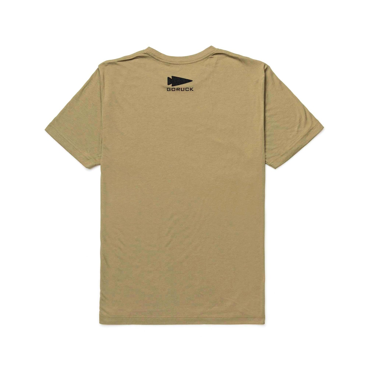 Back view of tan GORUCK rucking t-shirt in size large with black GORUCK logo near neckline
