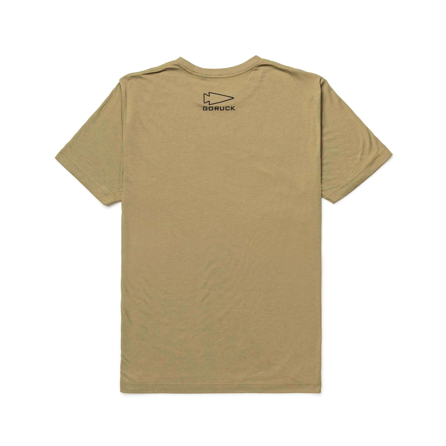 The Subtle Spearhead Tee - Unisex Tri-Blend, shown in tan from the back, features a small black GORUCK spearhead logo below the neckline and is crafted from premium tri-blend fabric.