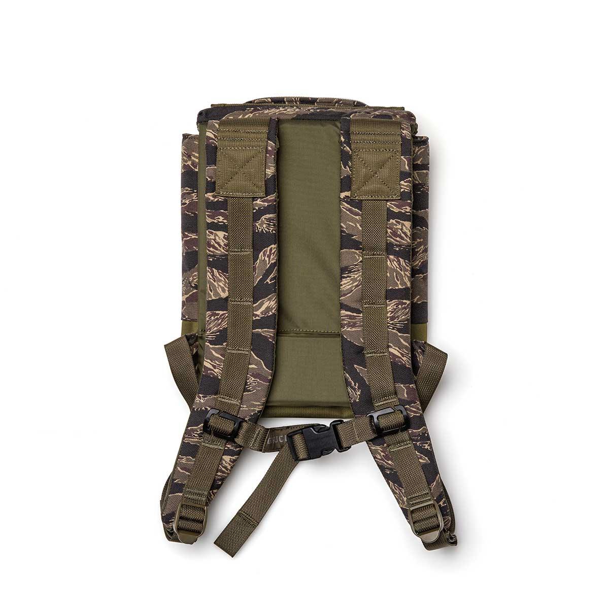GORUCK tiger stripe camo rucksack with padded straps and sturdy buckles, rear view
