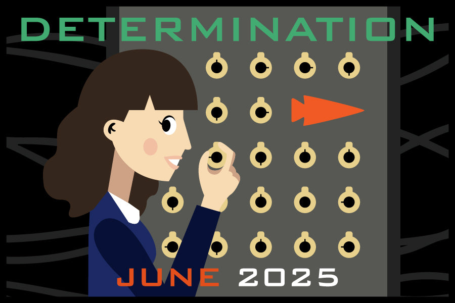 A woman places a ring on a pegboard under the word