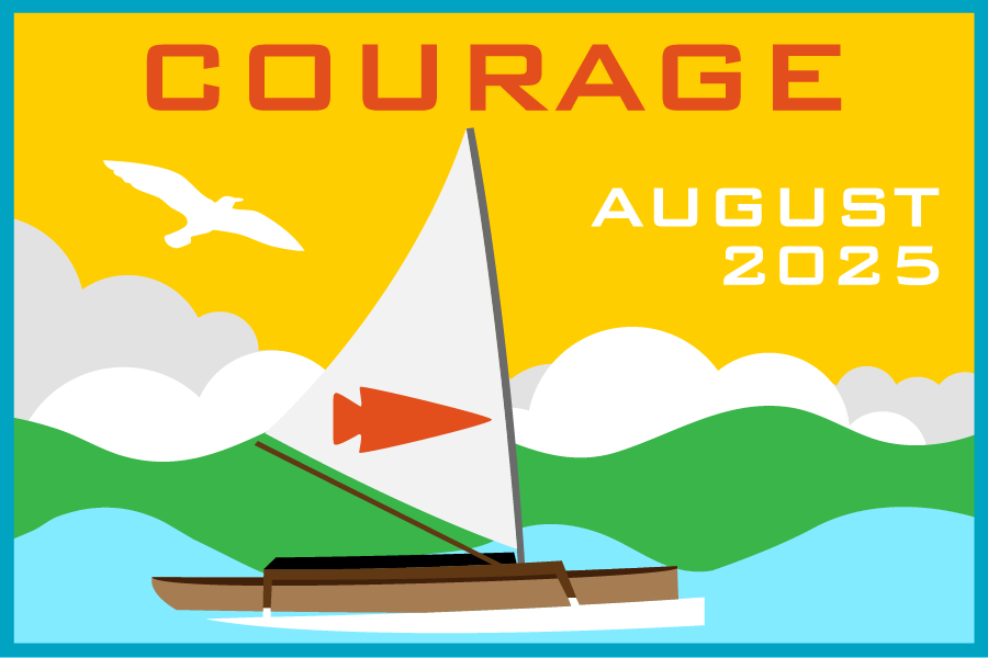 A sailboat on water with mountains, clouds, a bird, and the text