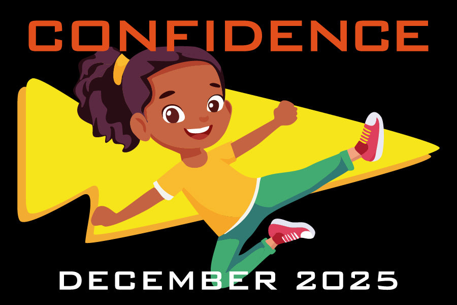 Smiling girl jumping by a yellow arrow, with