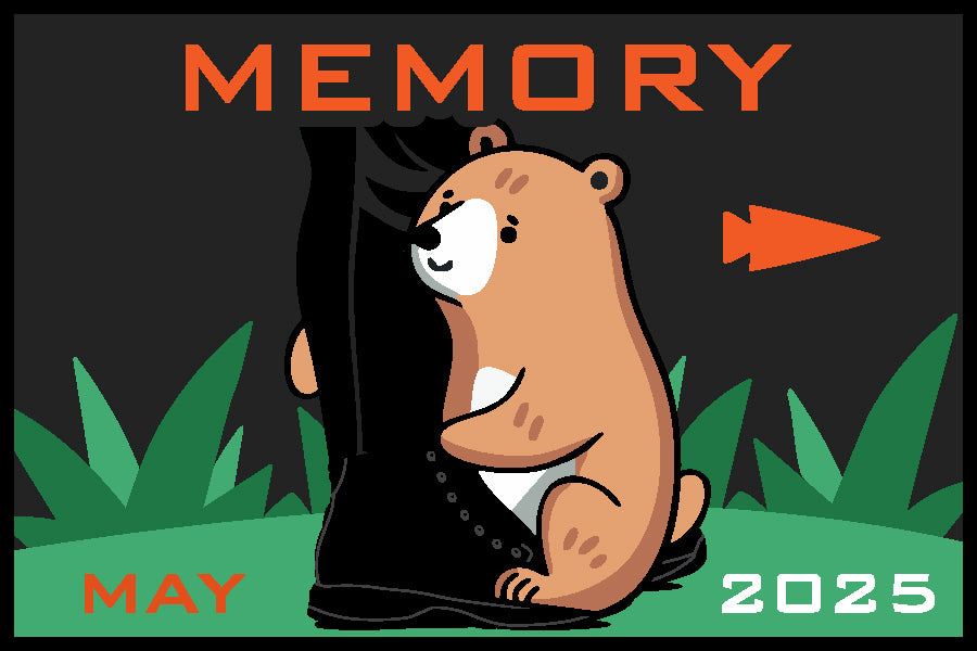 A bear hugs a person’s leg;