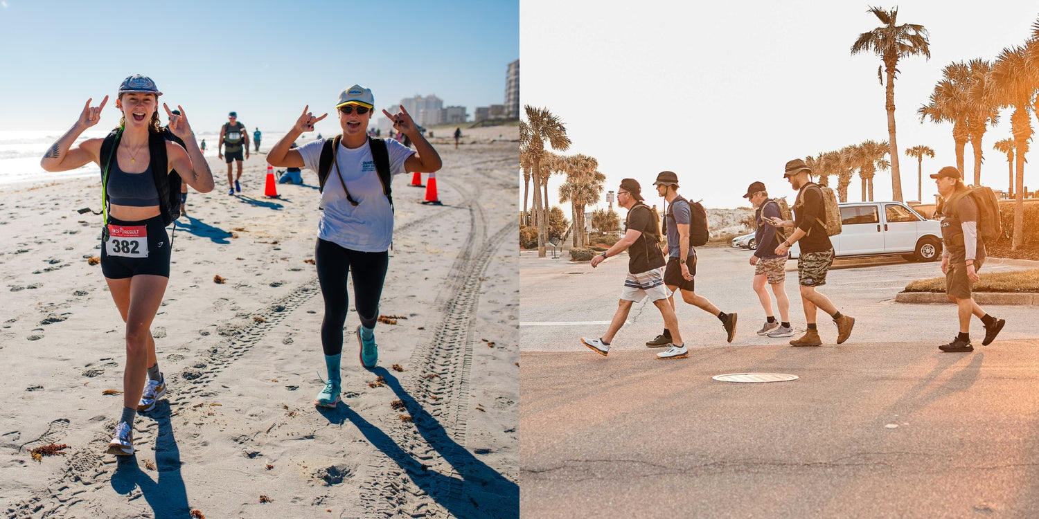 Split image: Left, two women smile and gesture, running on a beach. Right, five men walk on a sunny street.
