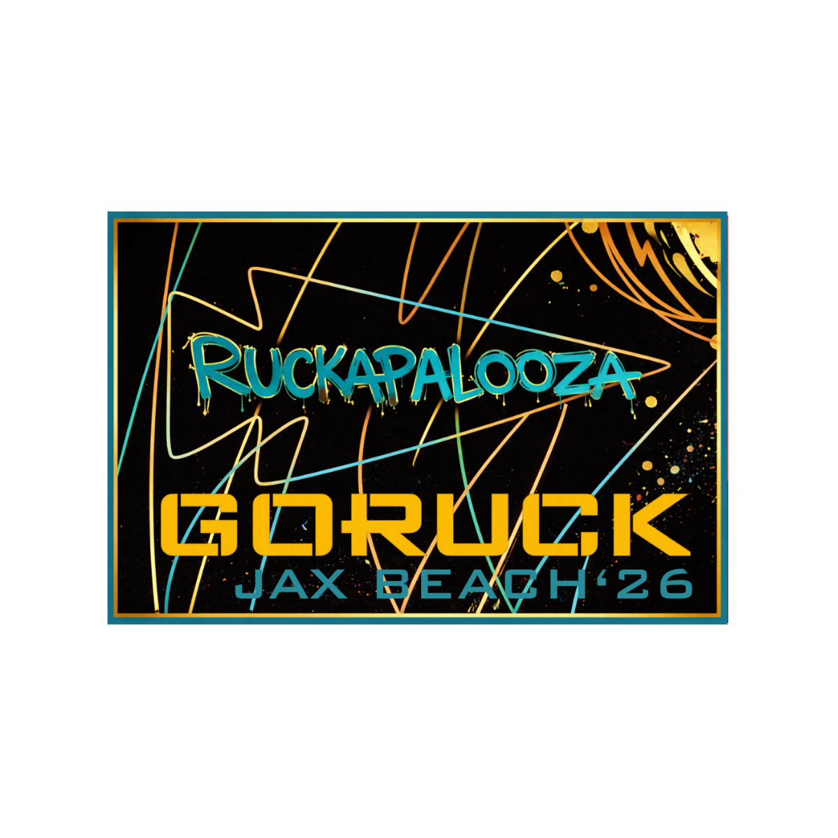 Featuring a vibrant event logo with the text: “Ruckapalooza Jax Beach - Fitness Party & City Ruck Weekend ’26” on a black background accented by dynamic abstract lines, this design captures the energetic spirit of the ultimate fitness party.