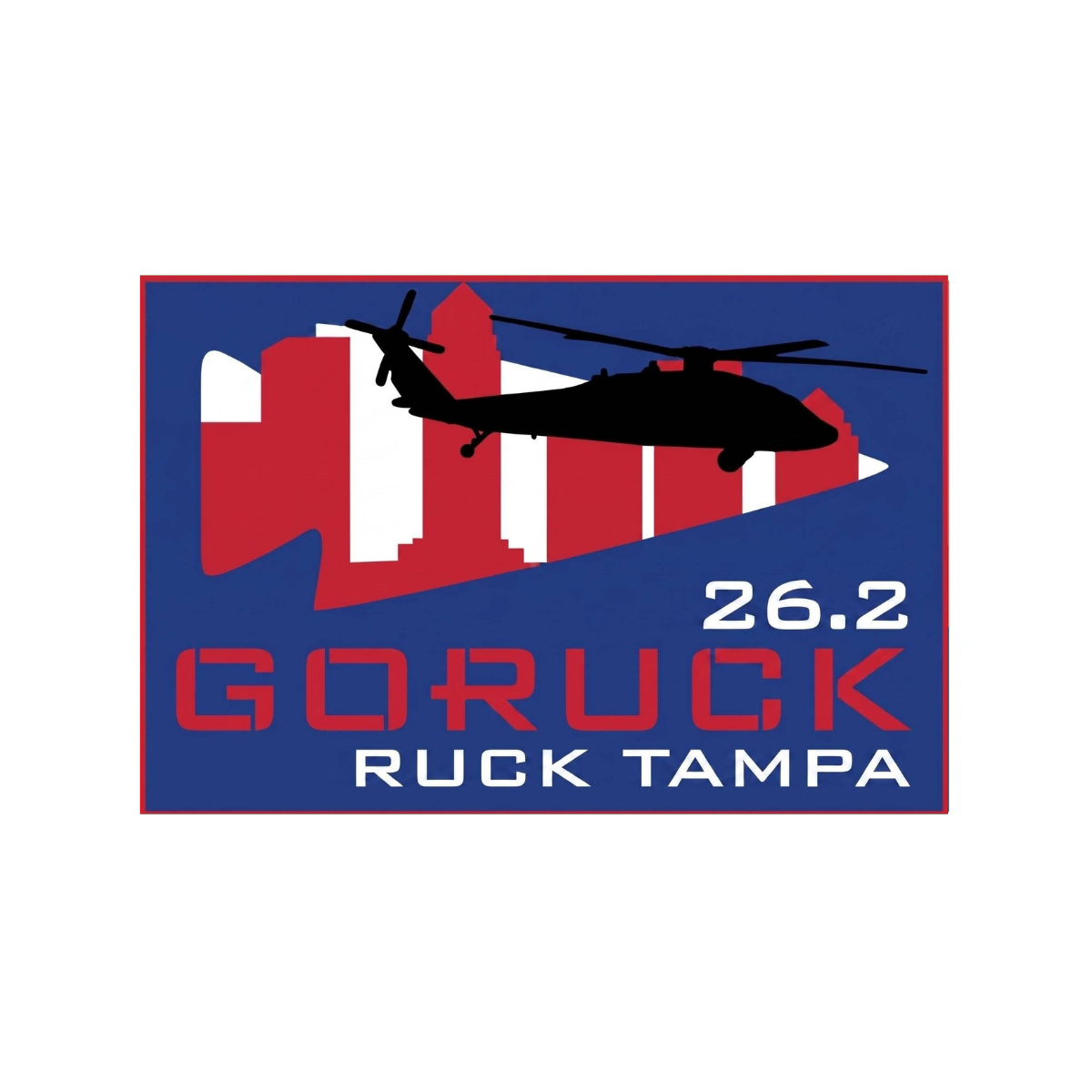 A black helicopter hovers over a red Tampa city silhouette with text: “MOG Mile City Ruck Weekend - Tampa, FL” on a blue background, capturing the energetic spirit of City Ruck and the excitement of Ruckapalooza.