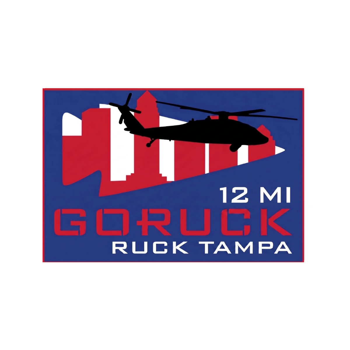 Silhouette of a helicopter soaring above the Tampa skyline with text: “MOG Mile City Ruck Weekend - Tampa, FL” on a dynamic blue and red background, capturing the exhilaration of City Ruck and the energy of Ruckapalooza.