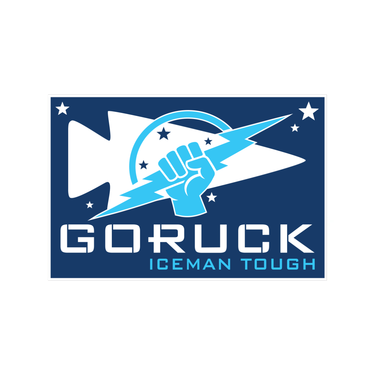 GORUCK Iceman Tough logo featuring a clenched fist holding a lightning bolt against a San Diego Recon Raider arrowhead silhouette and stars on a dark blue background.