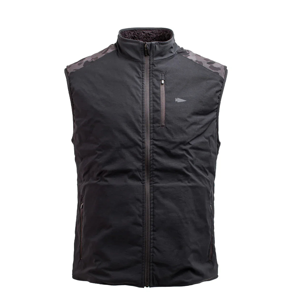 Black sleeveless fleece vest with full zipper and camo-pattern shoulder panels, black frogskin design