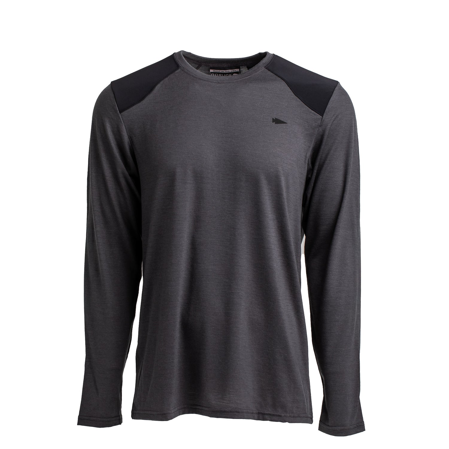 Men’s Commando Long Sleeve - Merino Wool in dark gray, featuring black shoulder accents and a modern commando sweater design, crafted from premium Merino wool and shown on a white background.