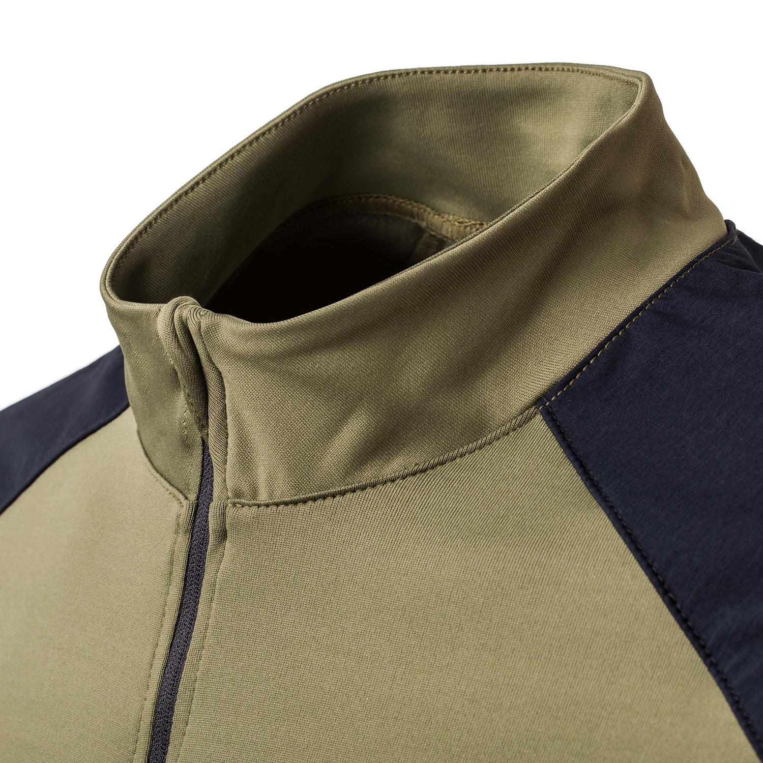 GORUCK Ranger Green full zip jacket close-up showing collar and black shoulder panel