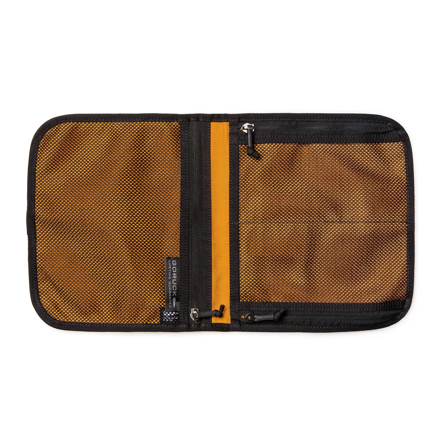 The Wire Dopp is an open brown zippered mesh travel organizer with two compartments and black trim, shown lying flat on a white background—ideal for keeping your EDC essentials organized.