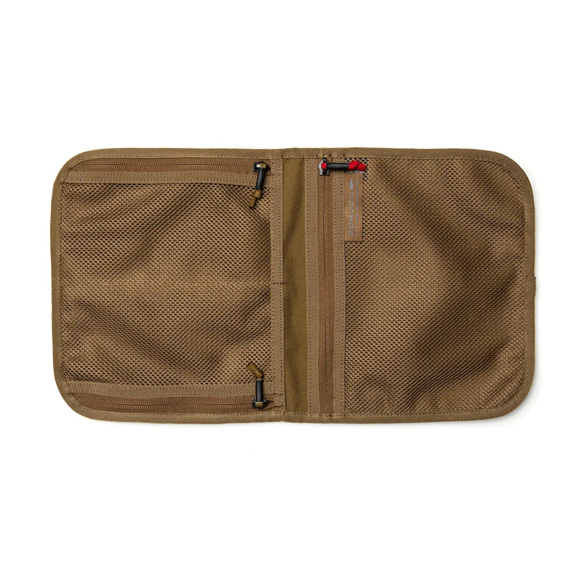 Open Coyote Brown GORUCK Wire Dopp Kit organizer with multiple mesh zippered compartments on white background