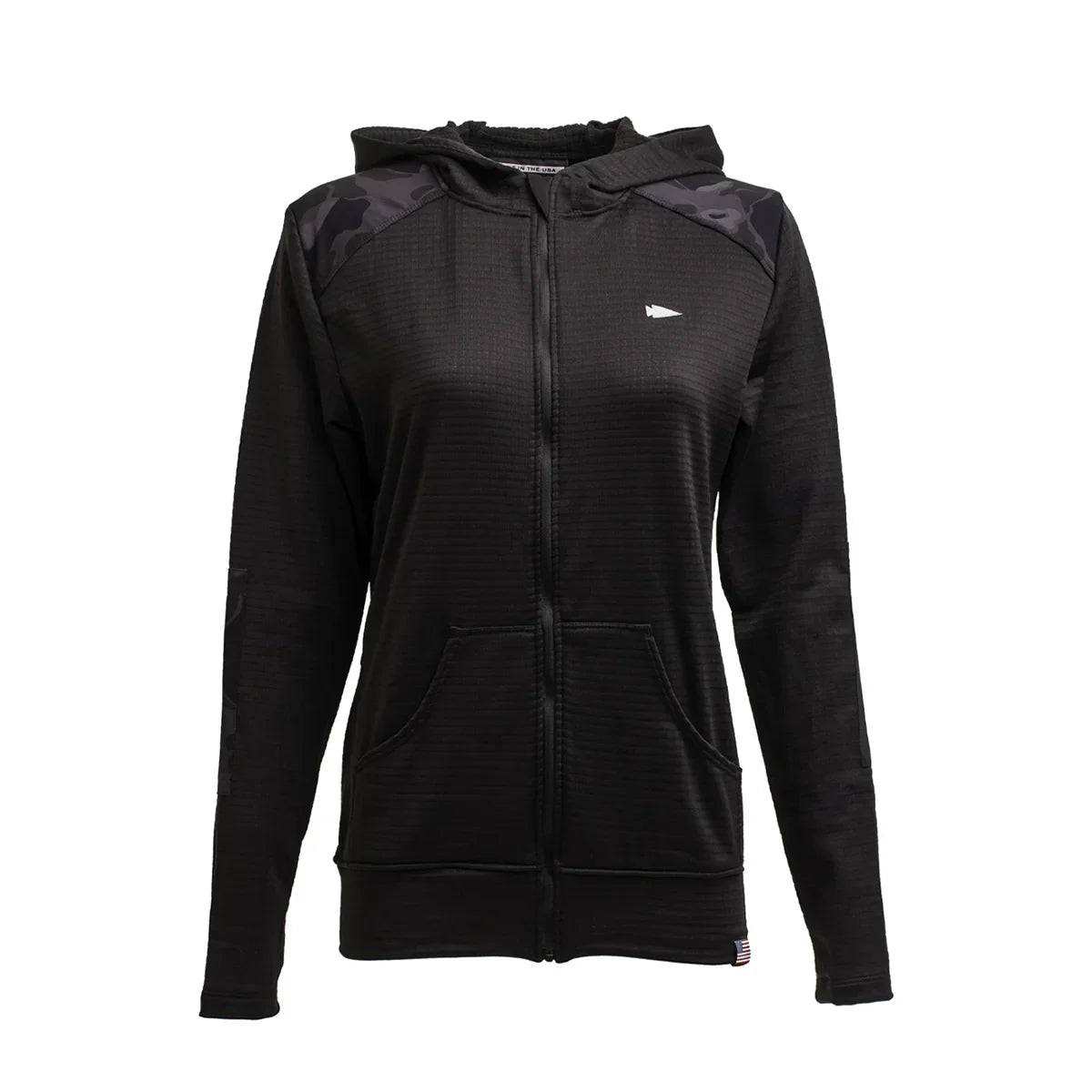 GORUCK women's black grid fleece full zip hoodie with black frogskin camo shoulder accents