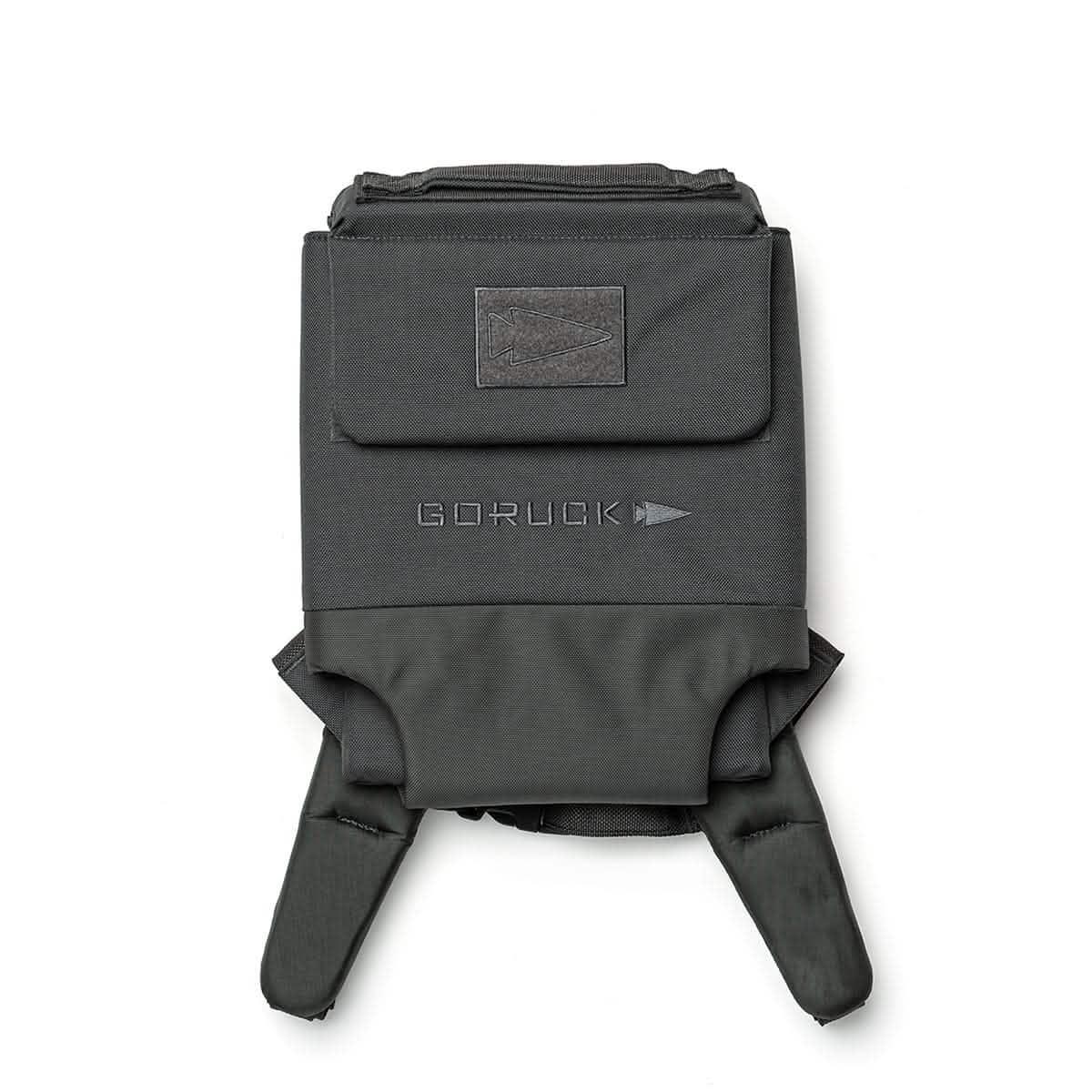 GORUCK rucking gear black backpack front with logo and arrow patch