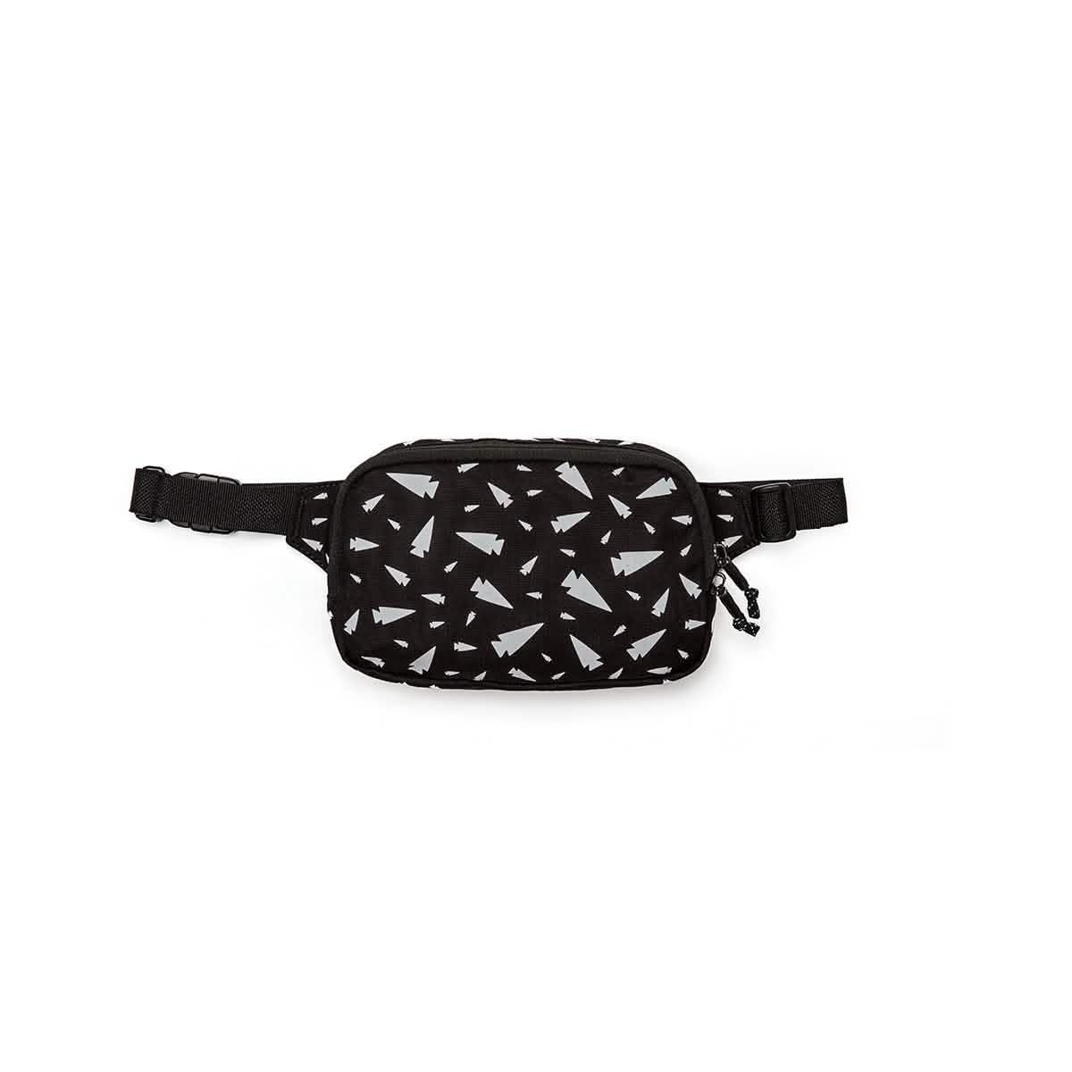 Black GORUCK belt bag with all-over gray tree pattern and adjustable strap on white background