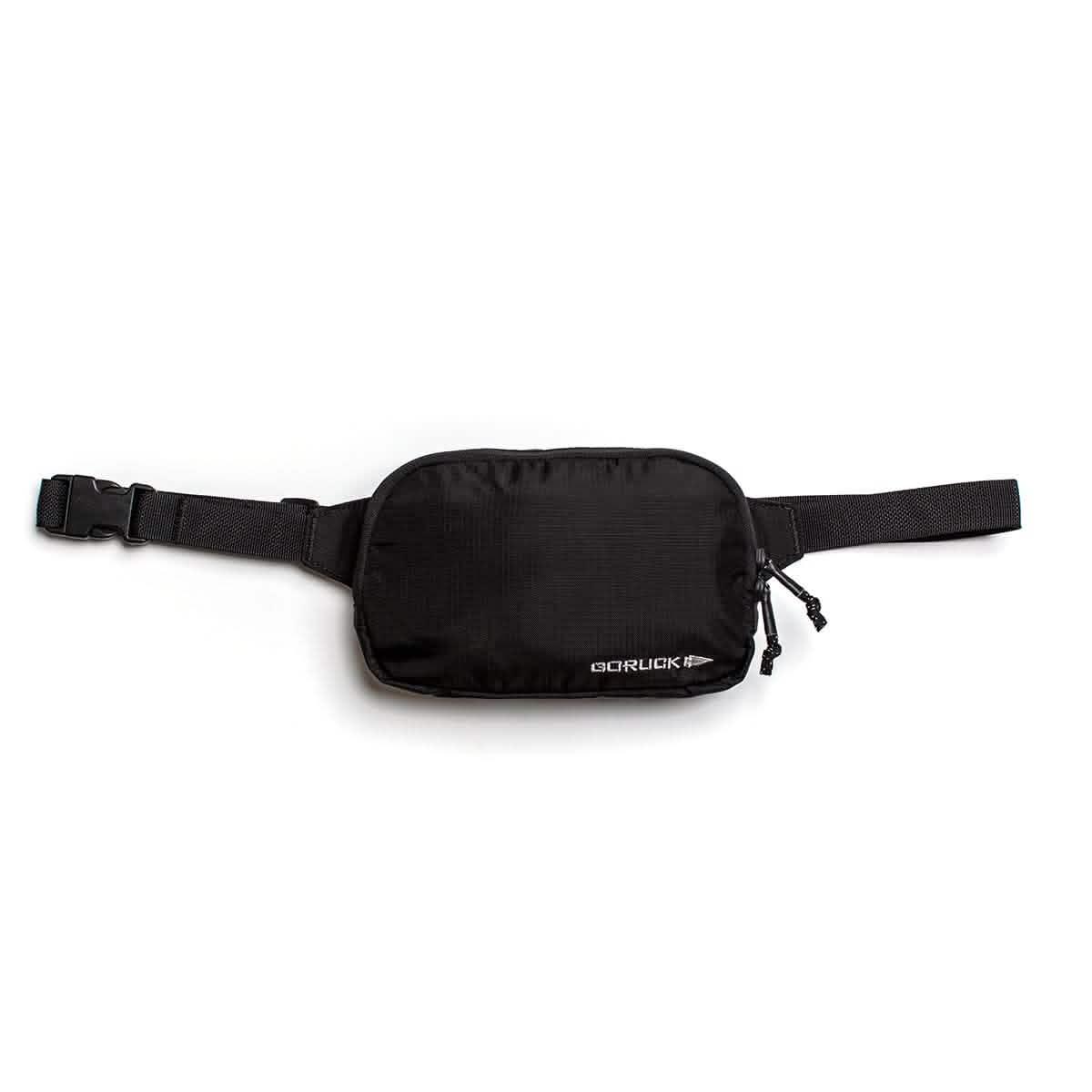 GORUCK black tactical waist belt bag with durable fabric, dual zipper, and adjustable strap on white background