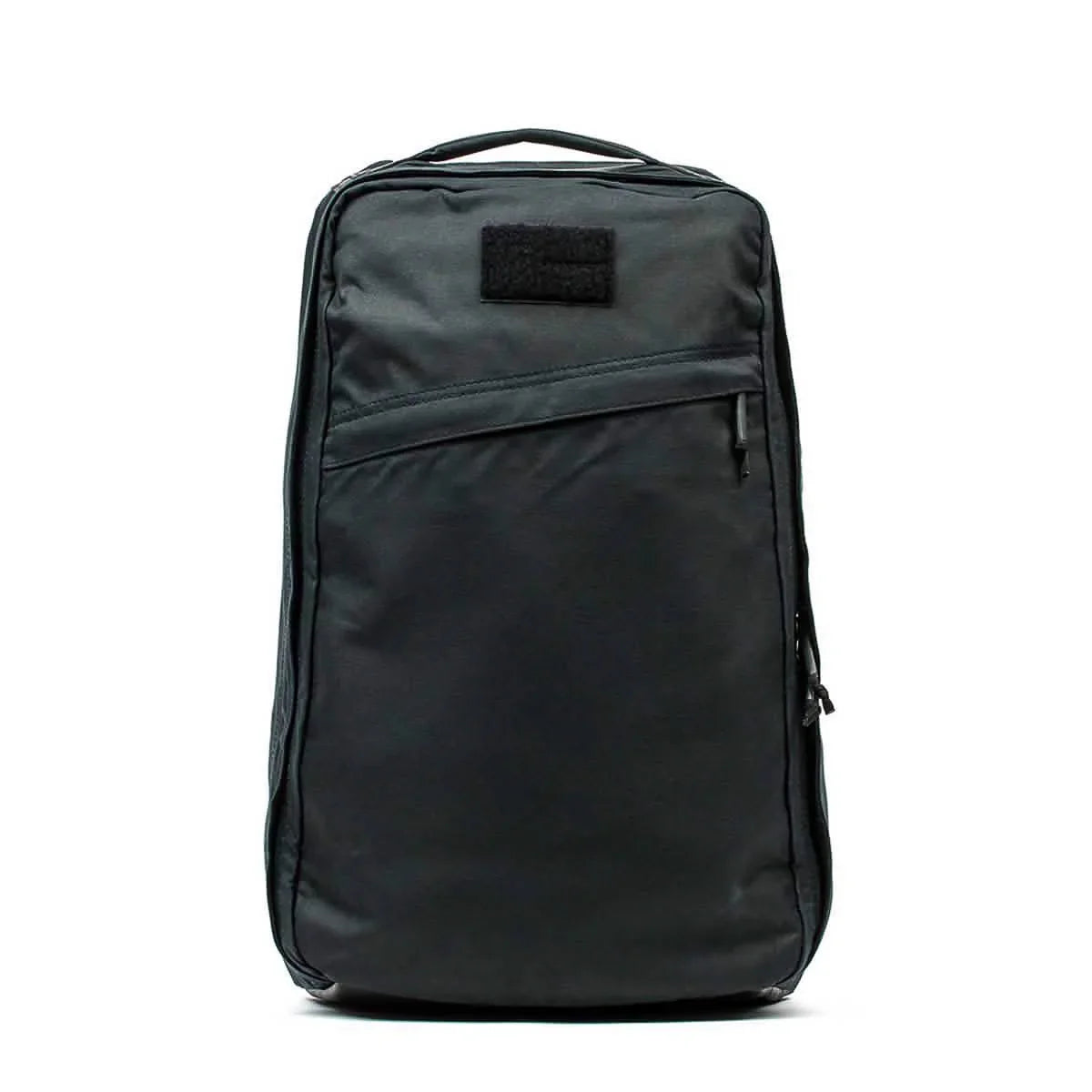 Black GORUCK rugged 26L backpack with angled front pocket and top handle, designed for tough rucking