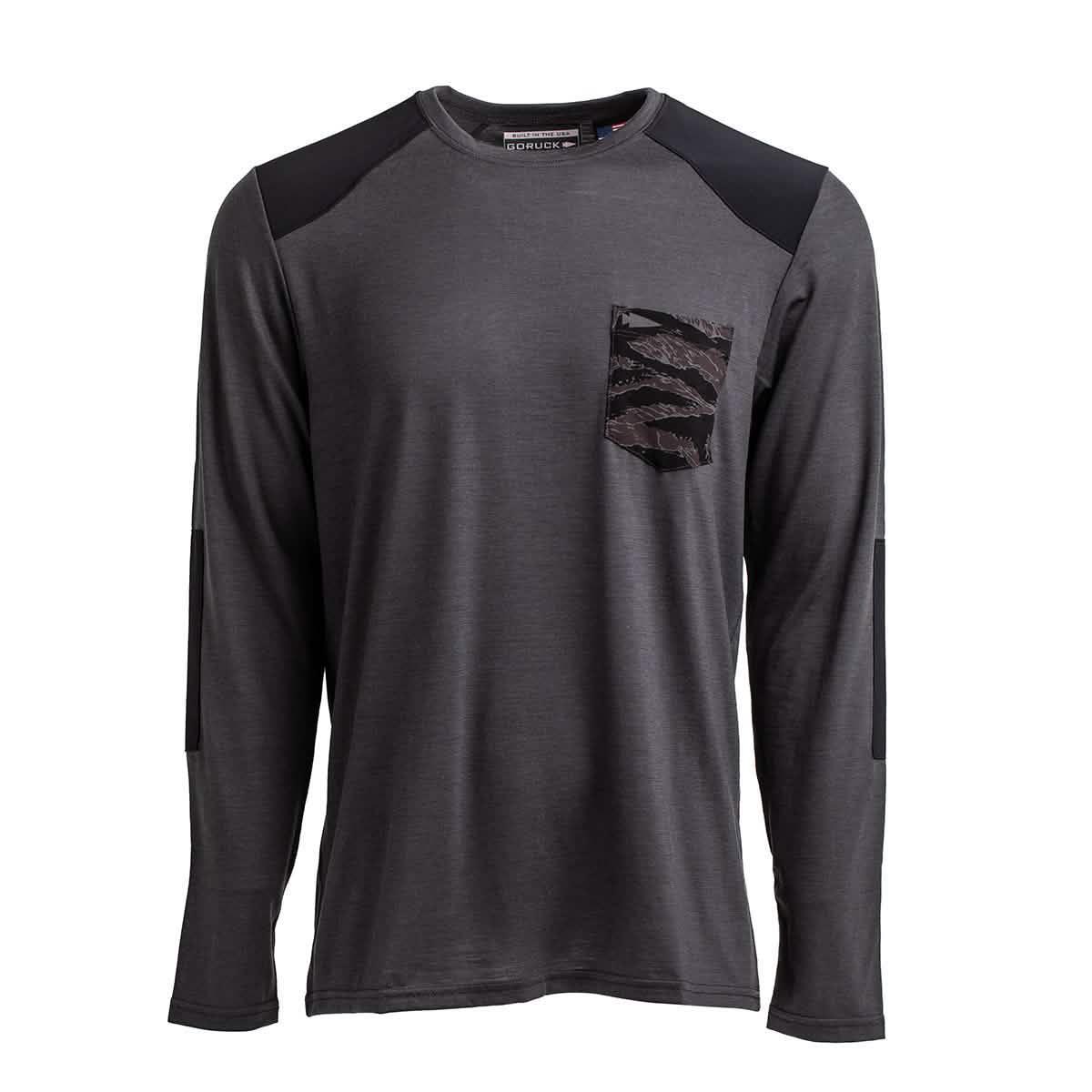 GORUCK charcoal long-sleeve performance shirt with black camo pocket and shoulder accents