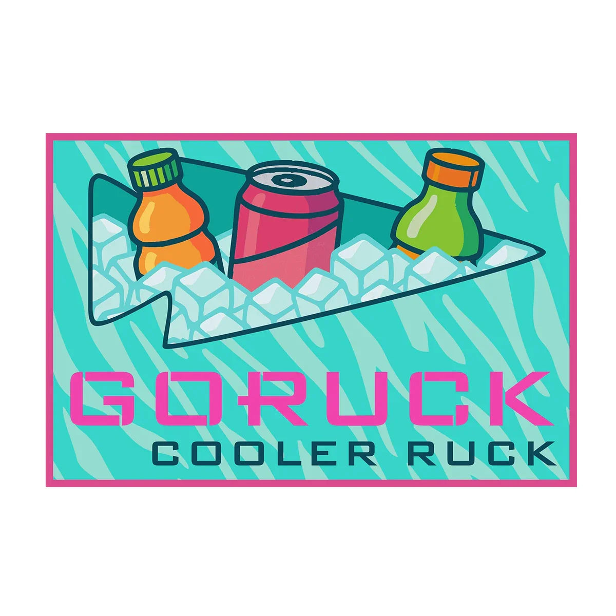 GORUCK Cooler Ruck logo with ice-filled triangular cooler holding two bottles and one can
